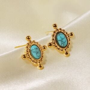 Vintage Inlaid Turquoise Stone Stud‎ Earrings 18K Gold Plated Stainless Steel